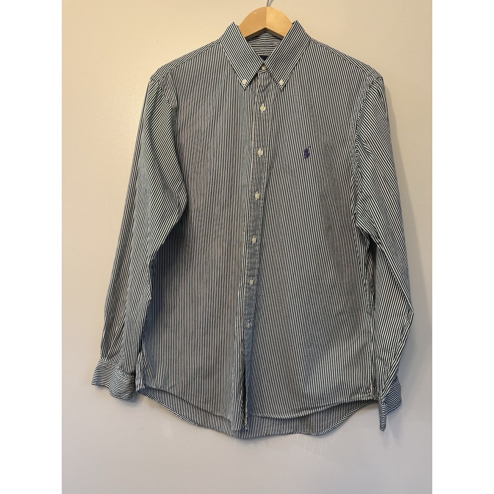Ralph Lauren Men's Button-Up Large GreenWhite Stripe Purple Horse Classic Preppy